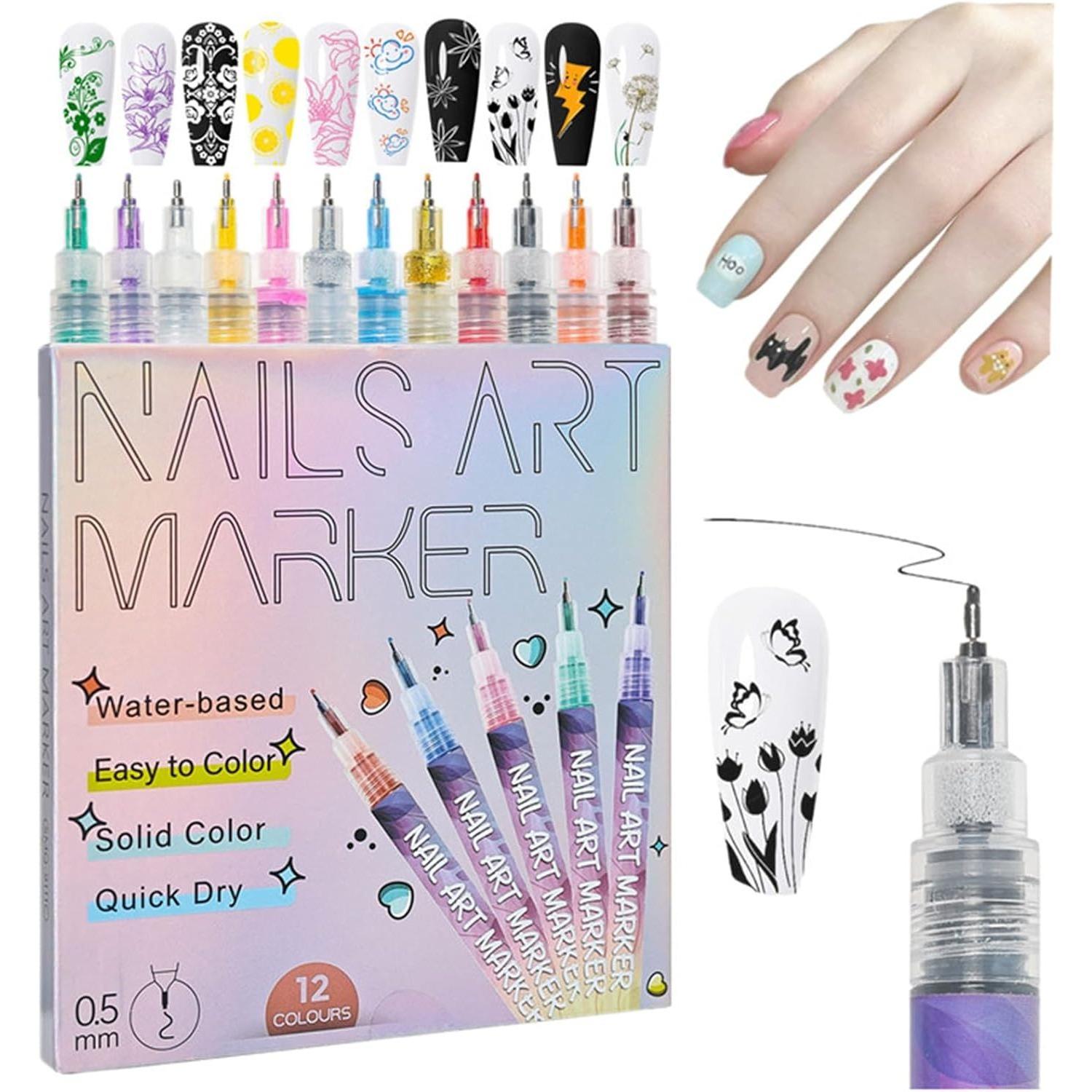 

Nail Markers For Nail Art, 12 Colors Nail Art Pens Set, DIY Nail Art Marker Drawing Painting Liner Pen 12-Pack