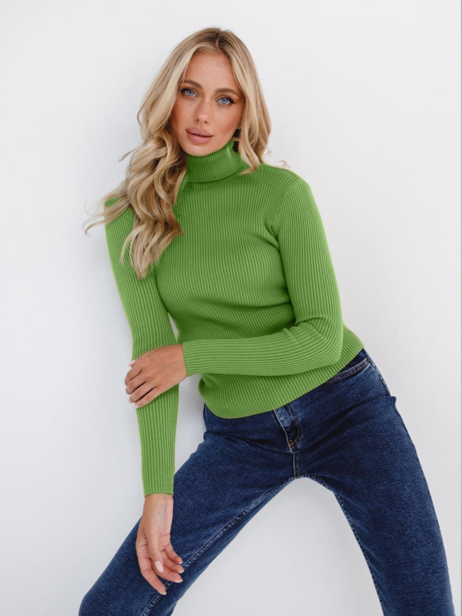 Women s Ribbed Knit Turtleneck Sweater Pullover Slim Fit Long Sleeve Lightweight Stretchy Jumper One Size зелёный