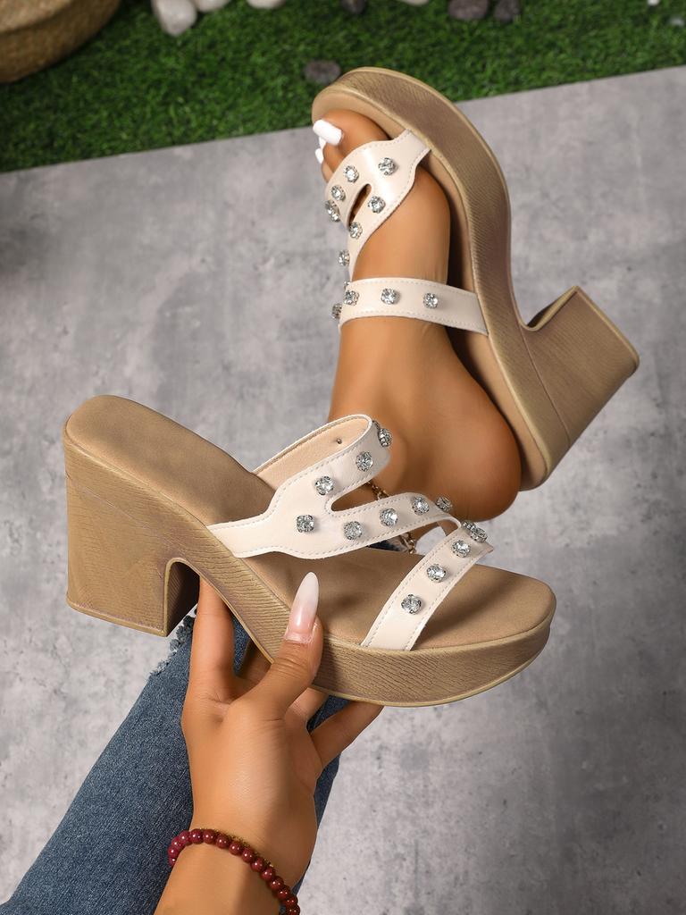 2025 European and American fashion version rhinestone thick-soled thick heel new high-heeled slippers versatile fashion slippers women