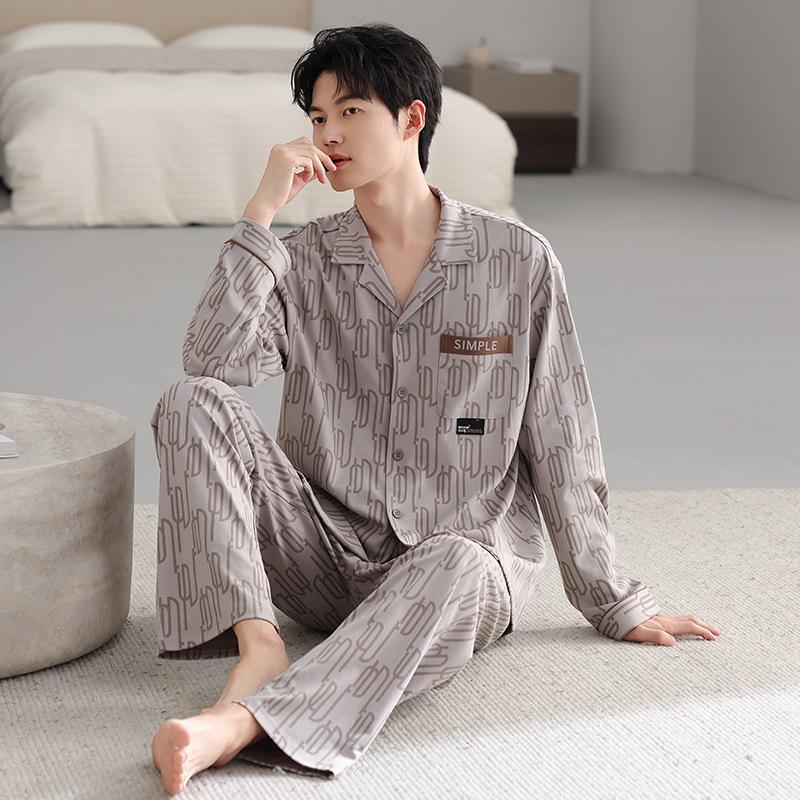 Men's pajamas spring and autumn pure cotton long-sleeved cardigan spring and autumn men's dad plus size cotton loungewear set