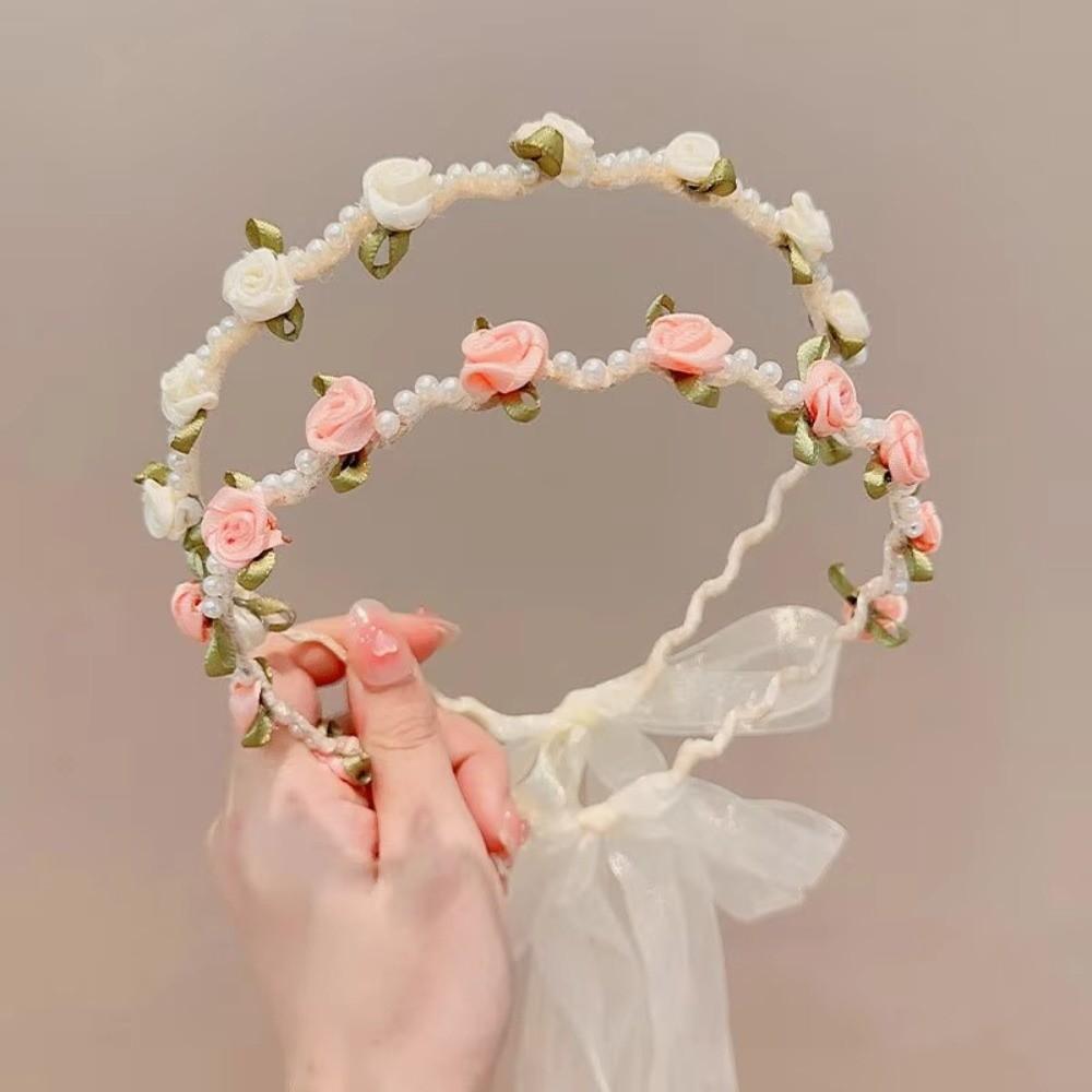 Spring Summer Hair Hoop Bow Braided Flower Wreath Headband Elegant Kids Rose Headband Gift