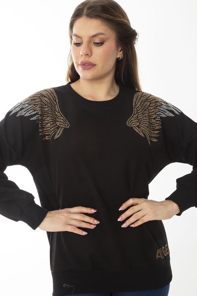 Women's Style Big Size Sweatshirt Large Size Black Stone Detailed Sweatshirt