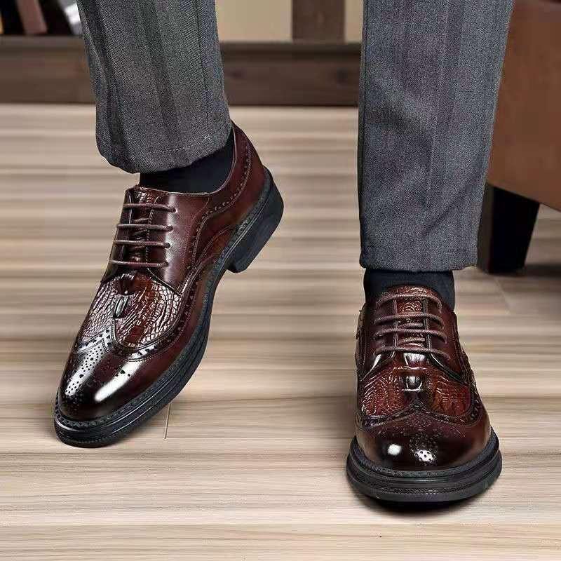 Men's Shoes Breathable Leather Shoes Men's Genuine Leather Business Dress Block Engraved Groom Wedding Shoes Gentleman Height Increase