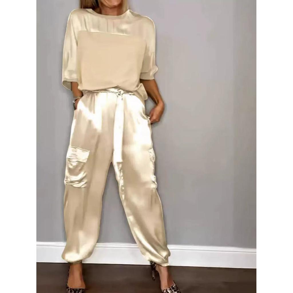 Elegant Women's Smooth Satin Set Street Scenery Smooth Satin Half Sleeve Shirt Casual Pants Sports Two Piece Set Plus Size