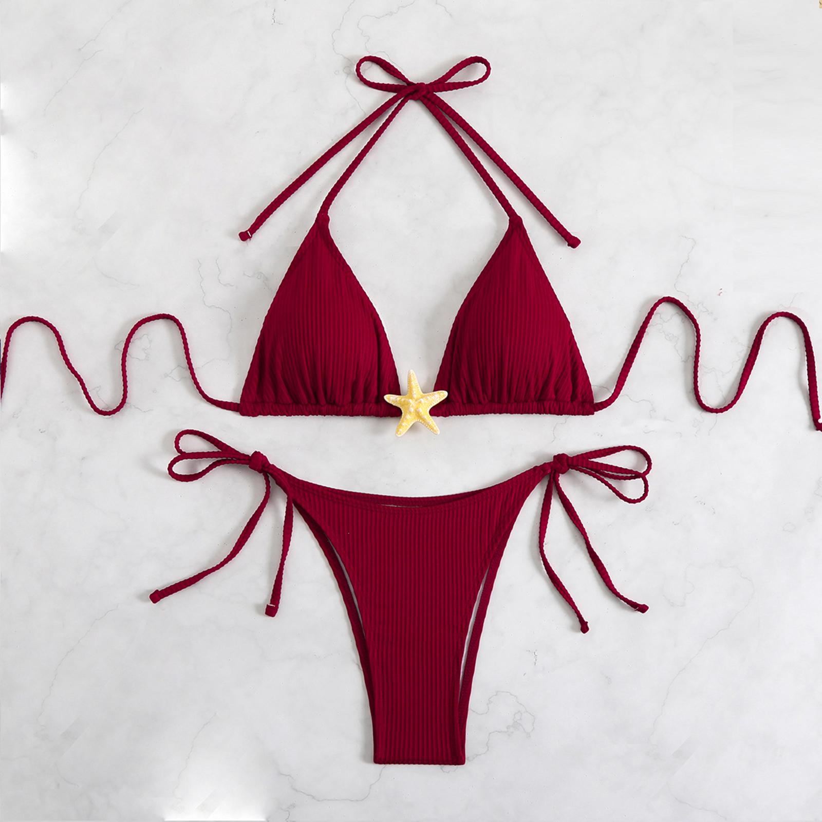 

Новый женский купальник пуш-ап, комплект бикини из 2 частей, морская звезда, сексуальный халтер, бандажный пляжный костюм, купальники для пляжа, бассейна L кларет