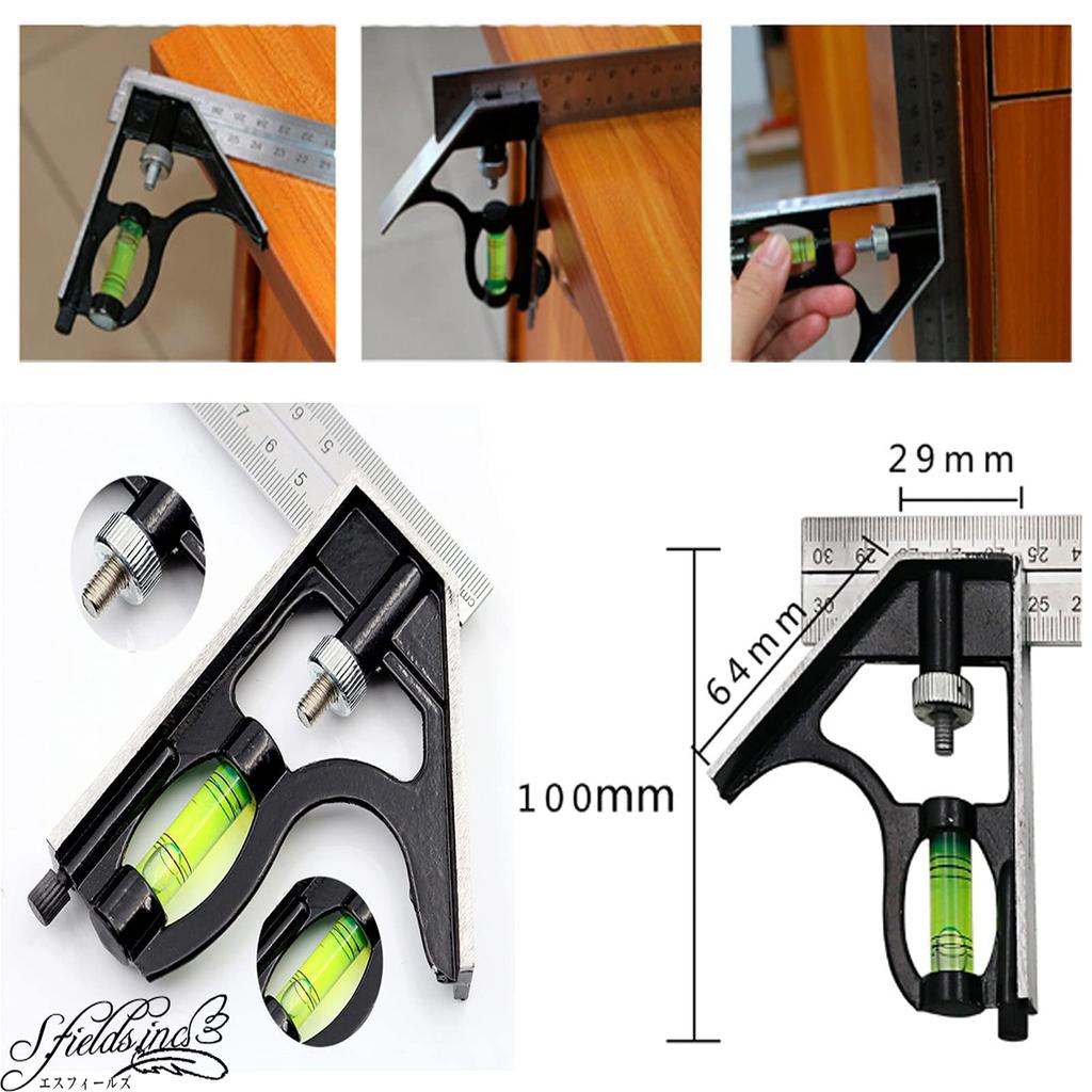 S.fields.inc 300mm Right Angle Ruler with Level, Stainless Steel Angle Ruler, Square Tool, Scribing Gauge