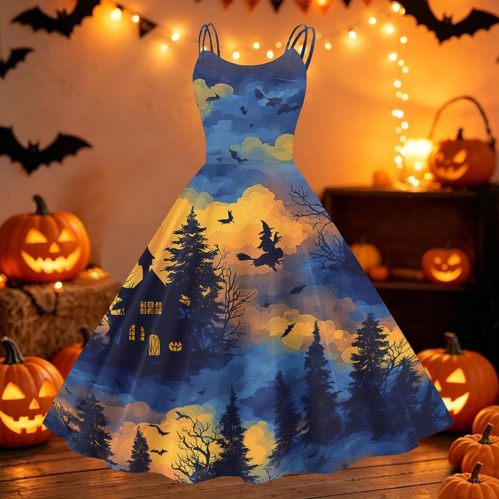 Women's Halloween Printed Off Shoulder Dress Vintage Punk Style Flared Midi Dress Spaghetti Strap Casual Party Dress