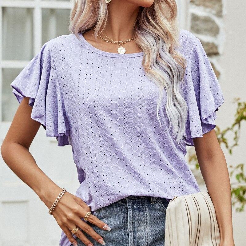 Butterfly Sleeve Loose Women T-Shirt 2023 Summer Solid Hollow Ruffled Casual Tshirts Woman Fashion Round Neck Tees Tops 25978