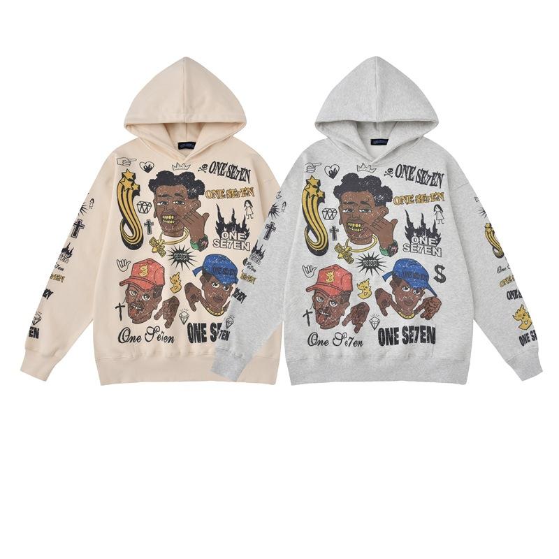 Trendy Brand Hooded Sweatshirt American Hip Hop Vintage Top Graffiti Print Couple Hoodie Loose For Men And Women