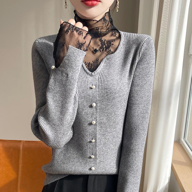 Women's Lace Patchwork Turtleneck Sweater - European & American Style for Spring/Autumn