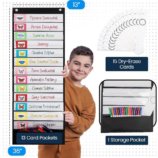 Essex Wares - 13 Pocket Daily Schedule Pocket Chart, Ultra-Durable Visual Schedule for Kids - Easy to Use, Reble Daily Schedule for Kids - Reversible