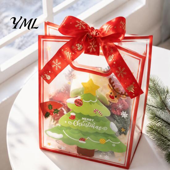Clear Christmas Gift Bags with Handles, Reusable PP Treat for Eve Candy Apples Cookies, Holiday Party Favor Packaging Ribbon Bow Decorative Holidays