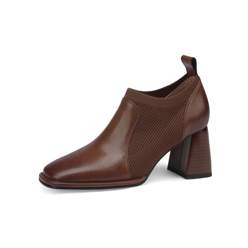 Fashion FHANCHU 2025 New Women Retro Naked Boots,Stretch Knitted Autumn Shoes,Slip on,Square High Heels Ankle Botas,Black,Brown.Dropship