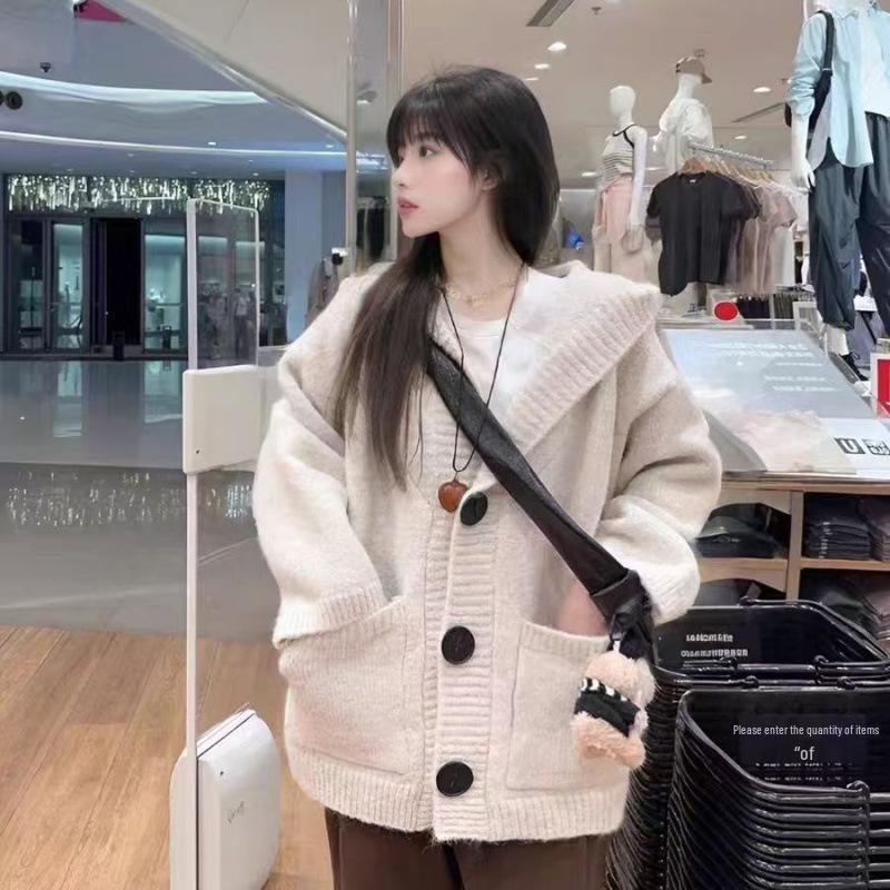 Korean Style Women’s Winter 2026 Hooded Fluffy Knit Cardigan - Loose, Soft, College Style
