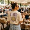 Jungfrau Sternzeichen T-Shirt Vintage Himmlische Sonne Tee, Astrologie Ästhetik Grafik-T-Shirt, Comfort Colors Rückendruck, Minimalistisches Feminines Mystisches Shirt
