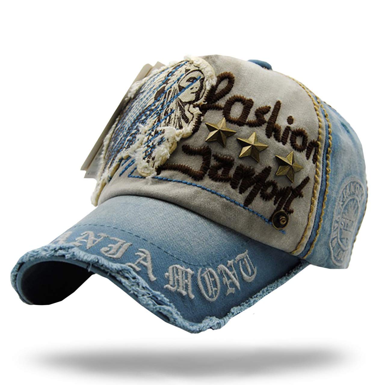 

WHITE FANG Men s CA024 (02: Light Blue) Stylish Distressed Logo American Casual Hat/Cap