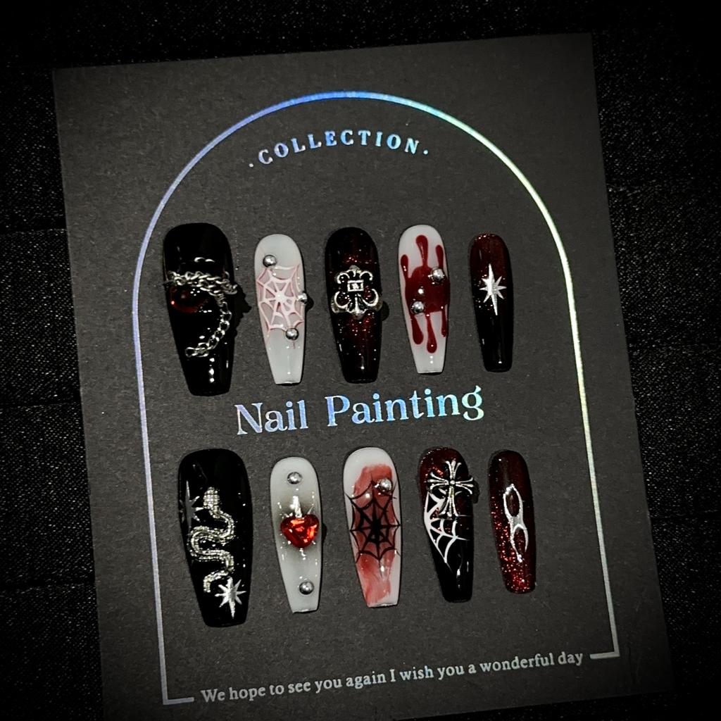 1PC Handmade nail art, high-end dark-themed hand-painted nail tips, gothic style, detachable false nail stickers.