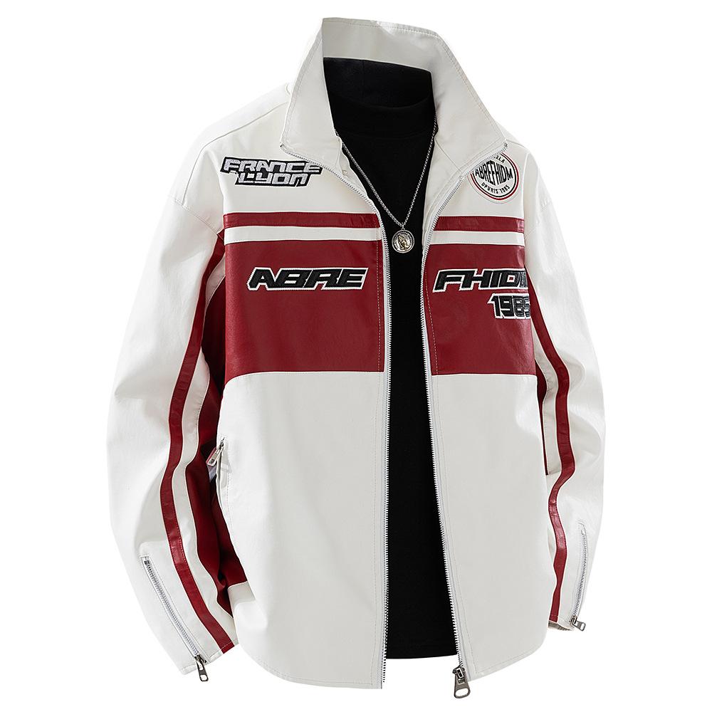 

Men s Coat New Embroidered Motorcycle Jacket Men s Handsome Men s Spring and Autumn Casual Leather Jacket Top M белый
