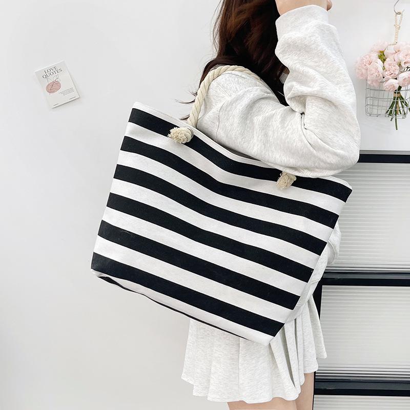Eco-Friendly Striped Canvas Tote Bag - Large Capacity Shopping & Beach Bag