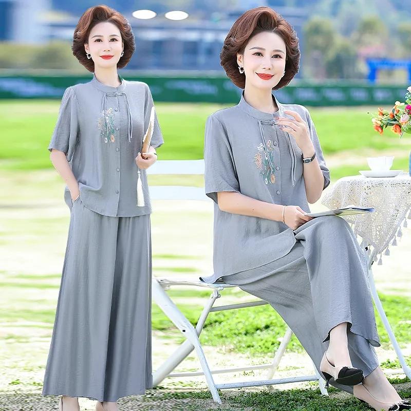 

Летний комплект из хлопка и льна для мам, кардиган, рубашка с вышивкой, свободный топ и брюки для женщин среднего возраста, комплект из двух предметов L синий