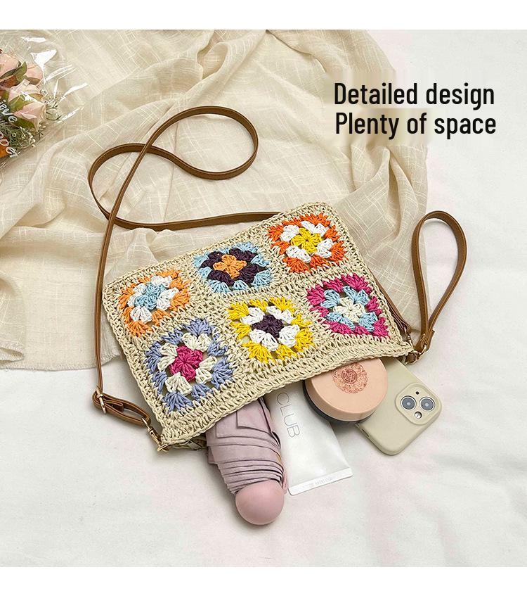 Frühlings-Häkelblumen-Patchwork-Stroh-Quadrattasche - Damen Retro Gewebte Crossbody- und Umhängetasche