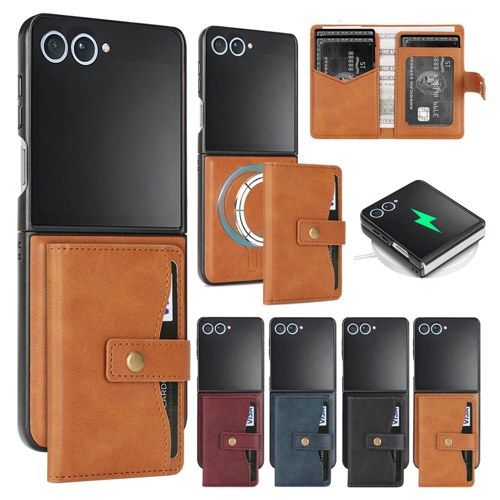 2 In 1 Magnetic Wallet Leather Case for Samsung Galaxy Z Flip 7 6 5 4 3 Flip7 Flip6 Flip5 Kickstand Cards Holder Phone Cover