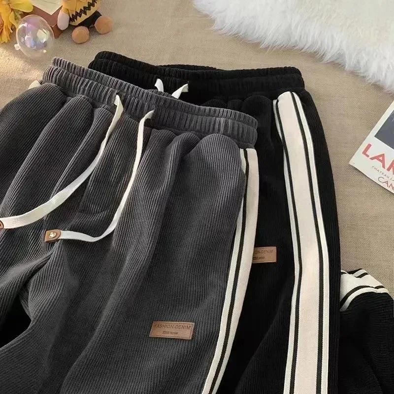 Men's Spring and Autumn Side Striped Loose Straight Sports Pants, High Street Ruff Handsome Corduroy Casual Pants