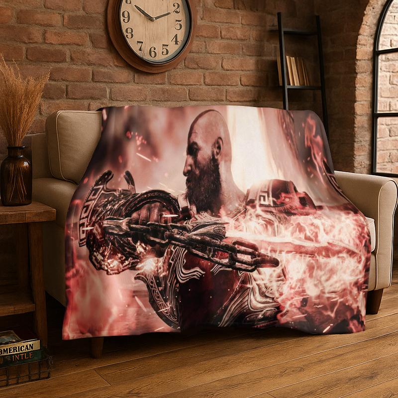 Retro God of War Game Kratos Flannel Blanket Soft Warm Throw Blanket for Bedroom Living Room Bed Travel Camping Picnic Gift 75x90cm
