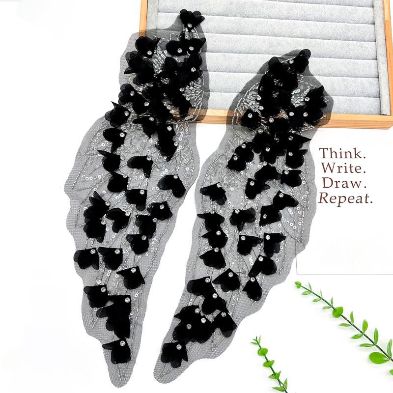 

Набор из 2 штук для свадебного платья 3D стразы бисерная вышивка черно-белая аппликация DIY швейная нашивка великолепная цветочная кружевная отделка 2PCS