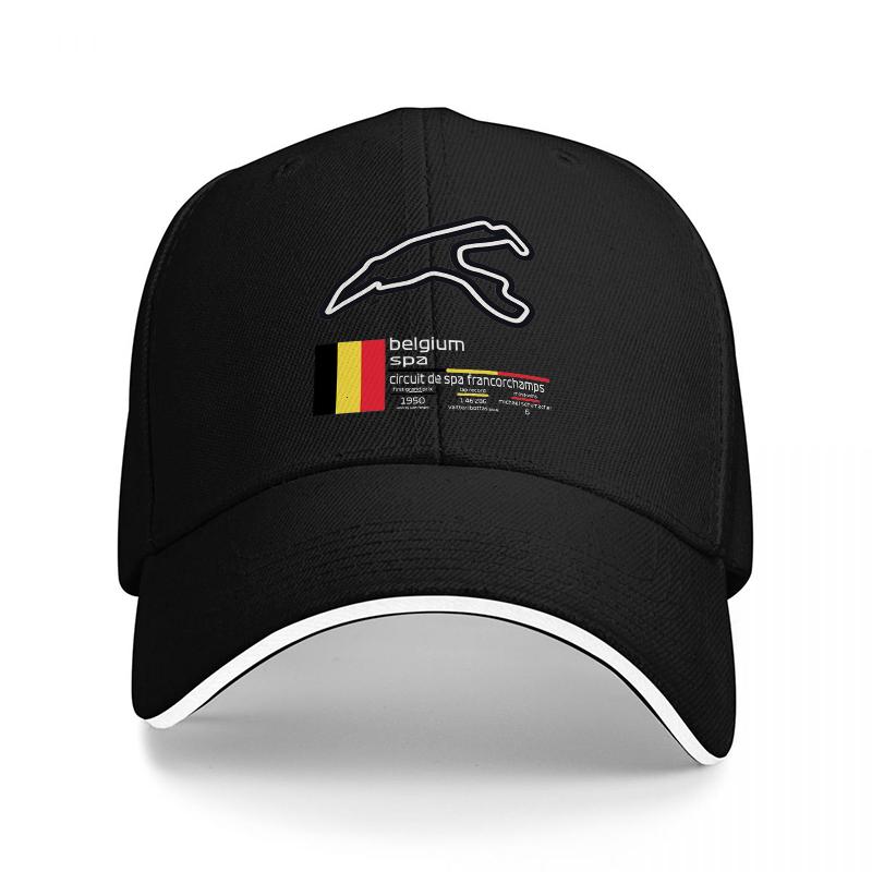 Belgie Spa Circuit Mapa Závodního Okruhu Designová Baseballová Čepice s Belgickou Vlajkou a Závodními Detaily pro Fanoušky Motorsportu