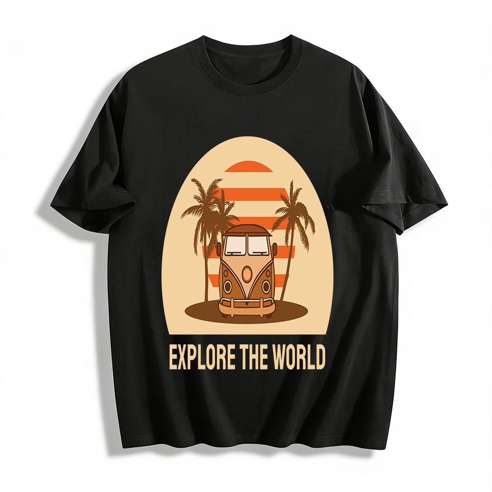 Vintage Palm Tree Camper Van Explore The World Graphic Tee Pure cotton T-shirt XXS
