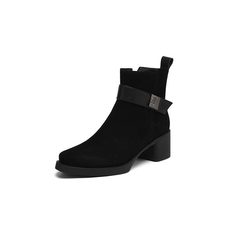 Krazing Pot Cow Suede Nubuck Round Toe Chunky Heels Chelsea Boots Size 43 Zipper Metal Flowers Women Platform Ankle Boots