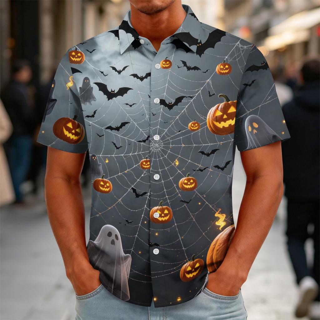 Herren Halloween Bedrucktes Vintage Textur Hemd Locker Atmungsaktiv Kurzarm Knopfleiste Lässiges Streetwear Oberteil für den täglichen Gebrauch