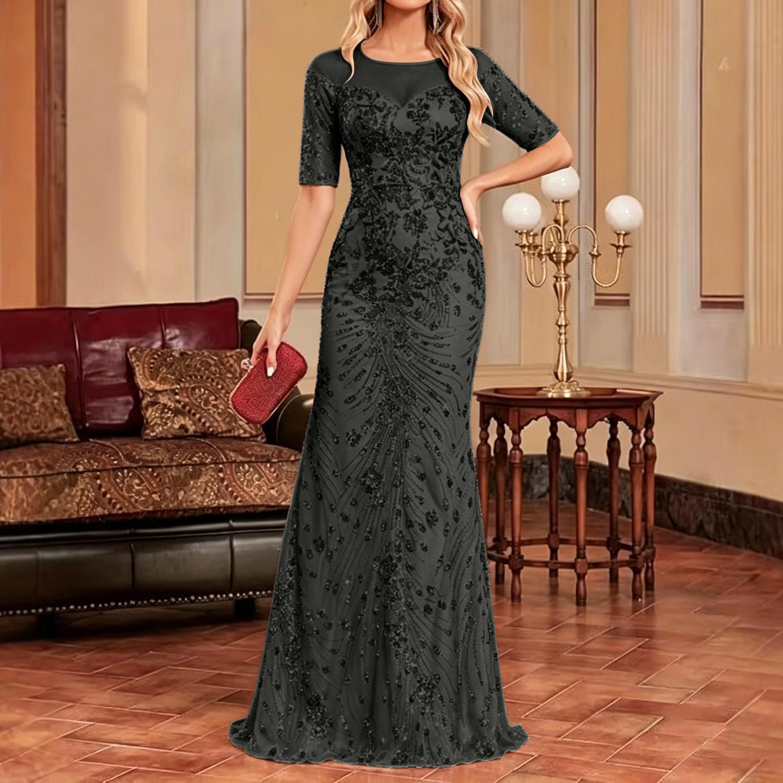 Women s Elegant Summer Sequin Party Dress: Short-Sleeve, Long-Length M чёрный
