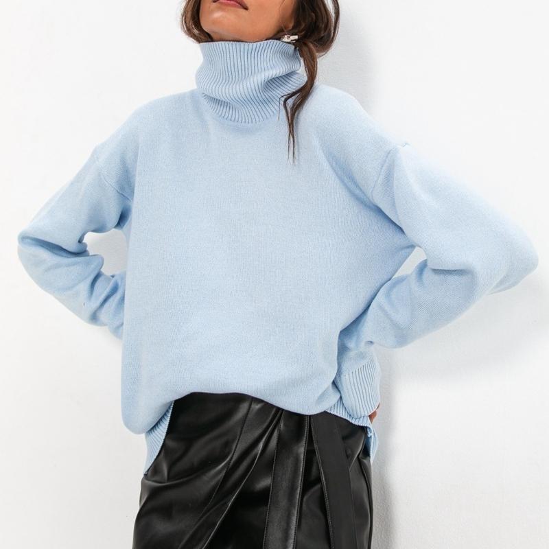 Frauen Herbst Winter Lose High Neck Langarm Einfarbig Pullover Chic Gestrickte Tops