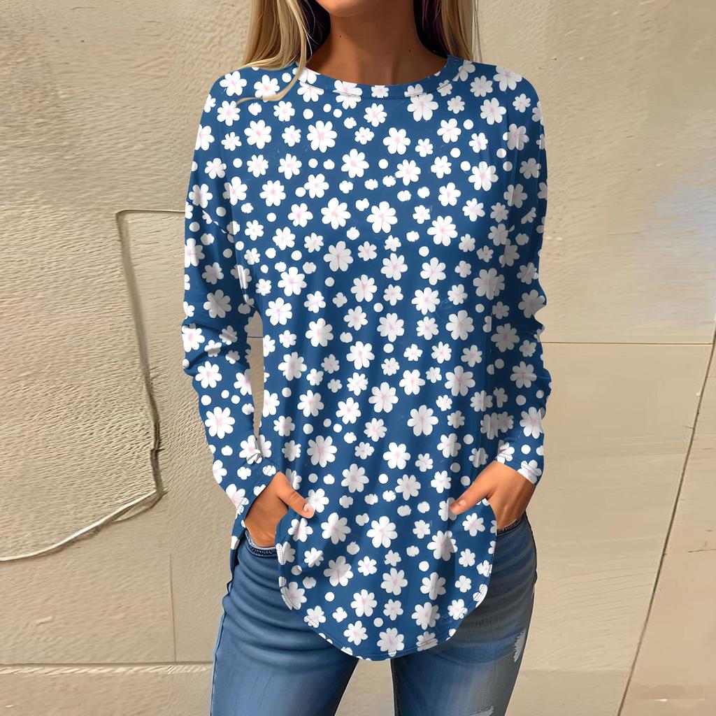 Women's Fashion Casual Round Neck Floral Long Sleeve T-shirt Pullover Long Sleeve Top