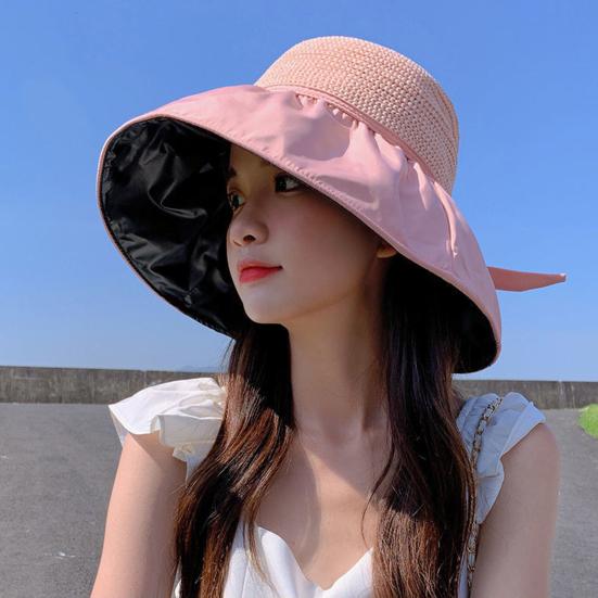 Sun Hat Large Brim Foldable Hollow Breathable Floppy UV Protection Bow Tie Decor Women Sunscreen Summer Hat Beach Cap for Outdoor