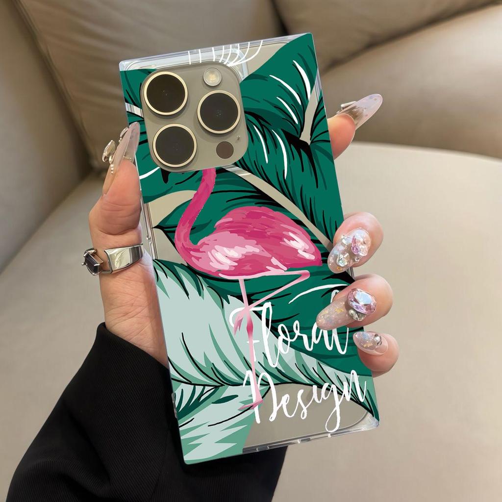 Clear Square Back Tube Case Protection For iPhone 13 15 Plus 16 ProMax 12 14 Pro Max 11 Anti-Oxygen,Red Flower Flamingo Pattern Casing