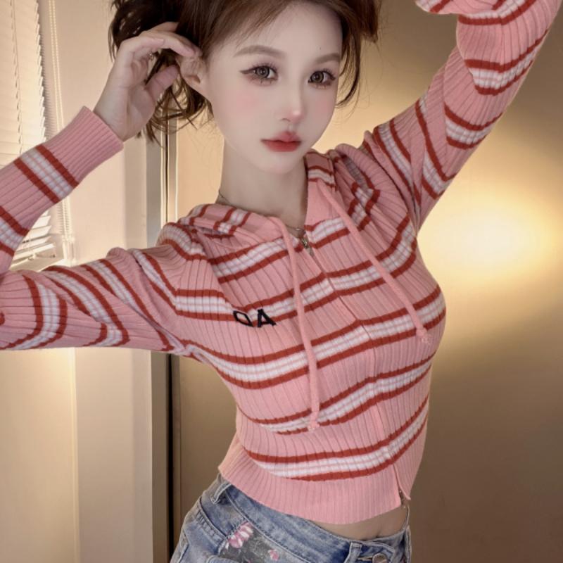 Striped Hooded Double Zippered Knitted Cardigan Sweater Jacket Women's Autumn Short High Waisted Long Sleeved Top