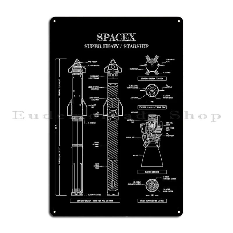 SPACEX Super Heavy Starship SpaceX Blueprint  Metal Club Customize Wall Decor Decoration Bar Cave Tin Sign Poster