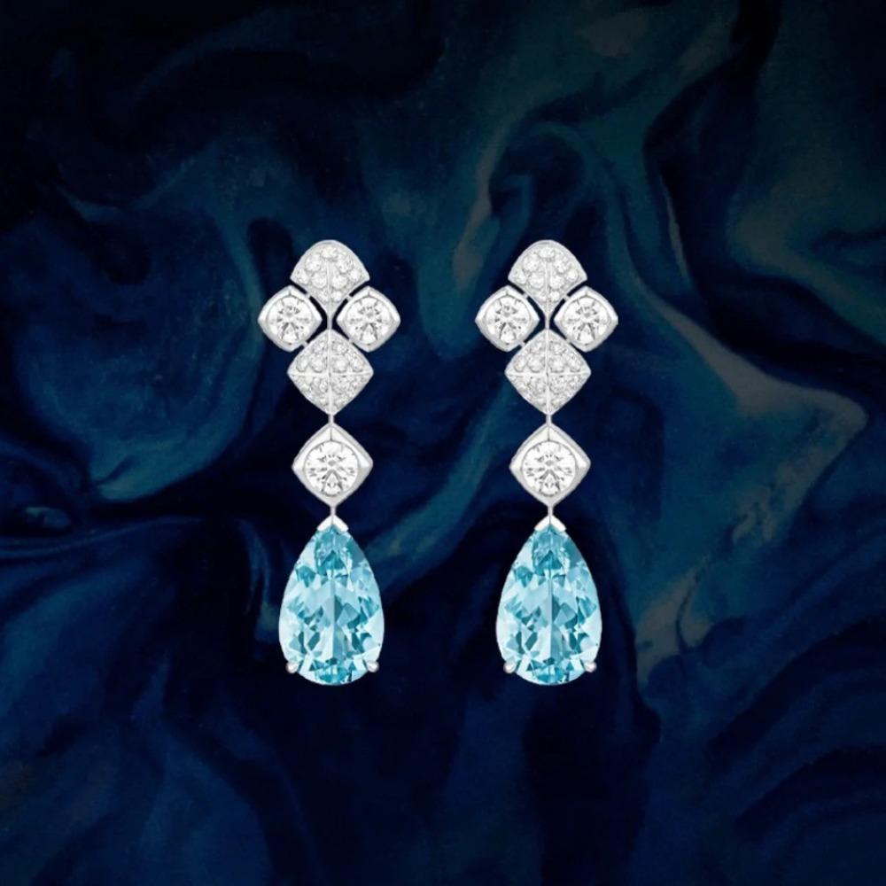 Luxury Santa Maria Aquamarine Stud Earrings High Carbon Diamond Accents Long Dangle Earrings Women Jewelry