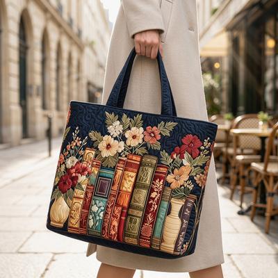Quilted Tote Bag Retro Print Fabric Commuter Tote Vintage Lightweight Foldable Handbag for Women Daily Use Travel Grocery Shopping