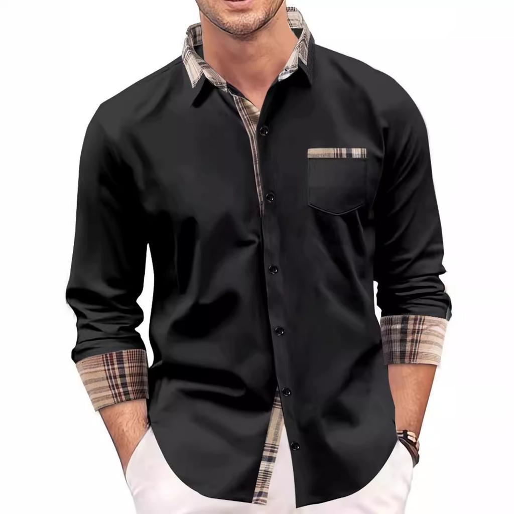 Essential Men's Long Sleeve Shirt with Plaid Trim, Casual & Versatile
