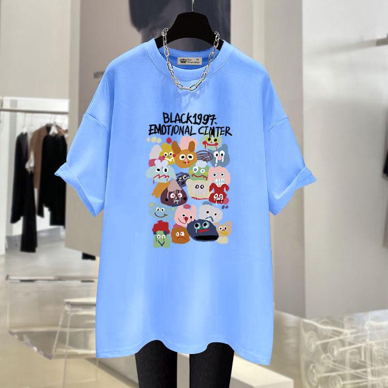 

Новая летняя американская ретро-футболка с рисунком из мультфильма, большая версия, свободная хлопковая черная футболка с короткими рукавами для женщин, средняя длина XXXL