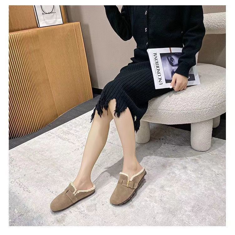 Soft-soled Birkenstocks women's fluffy bag head half slippers outer wear 2025 new autumn and winter velvet home maternity cotton slippers