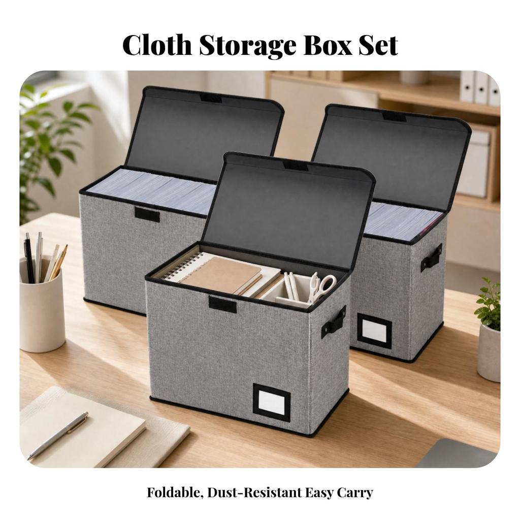 3 Pieces Cloth Storage Bin with Lid Foldable for Study Room, Dorm