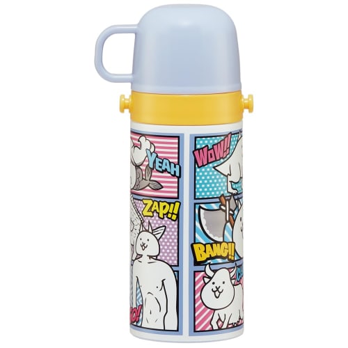 Skater Kids' Stainless Steel Water Bottle, 2-Way Design, 420ml (Direct Drinking) or 350ml (Cup Drinking), The Battle Cats 23 Design, Kid-Friendly, Lig