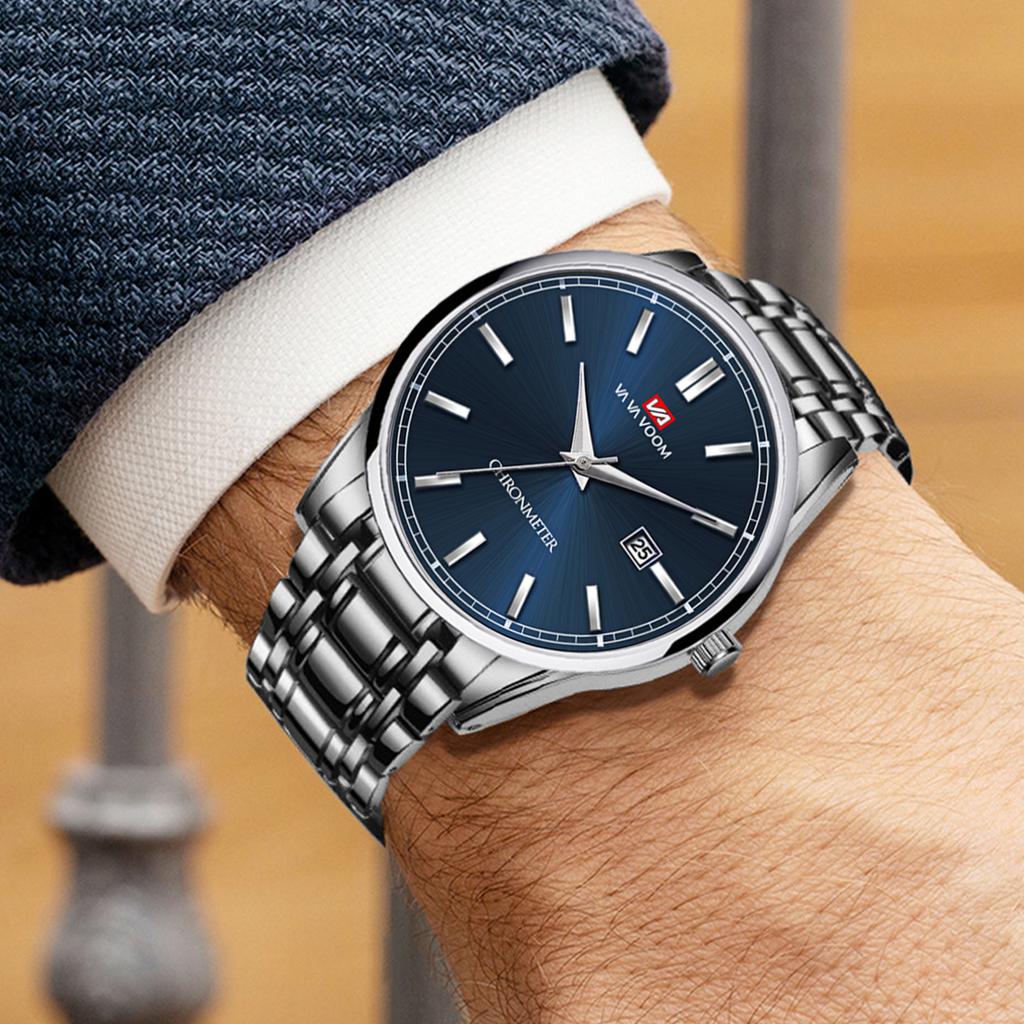 Business Men's Watch VA VA VOOM Fashion Trend Blue Stainless Steel Waterproof Quartz Movement Boutique Men Casual Wristatch