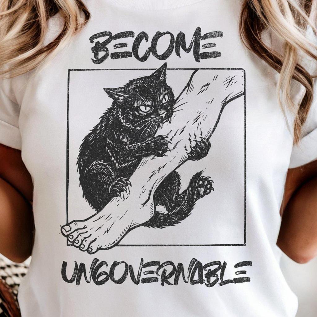 Become Ungovernable Funny Graphic Cat Biting Leg T-shirt, Vintage Graphic Tee, Silly Cats Shirt, Comfort Colors, Unisex Cotton, Gag Gifts