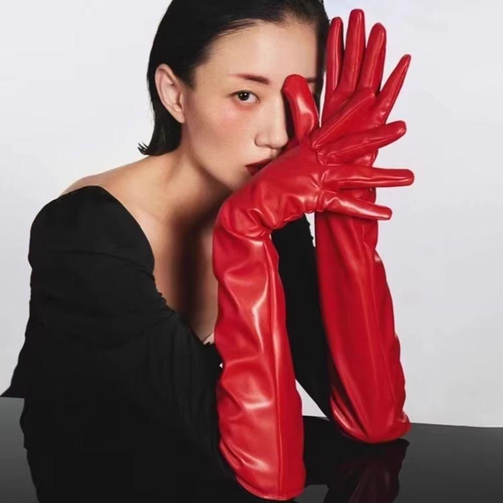 Solid Color Pu Leather Gloves   Mittens Long Gloves  Stage Performance
